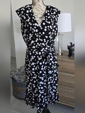 Polka Dot Wrap Midi Dress - Black & White